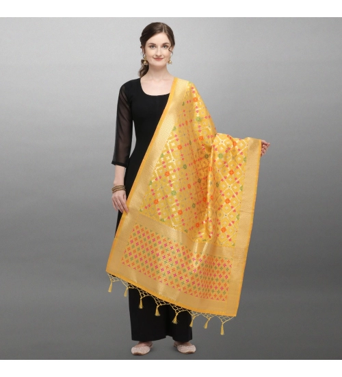 Women's Silk Pure Zari weaving Duppatta (Mustard Yellow, Length: 2-2.3 Mtrs)