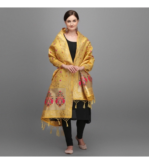 Women's Silk Pure Zari weaving Duppatta (Mustard Yellow, Length: 2-2.3 Mtrs)