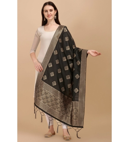 Women's Silk Pure Zari weaving Duppatta (Black, Length: 2-2.3 Mtrs)