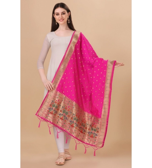Women's Silk Pure Zari weaving Duppatta (Pink, Length: 2-2.3 Mtrs)