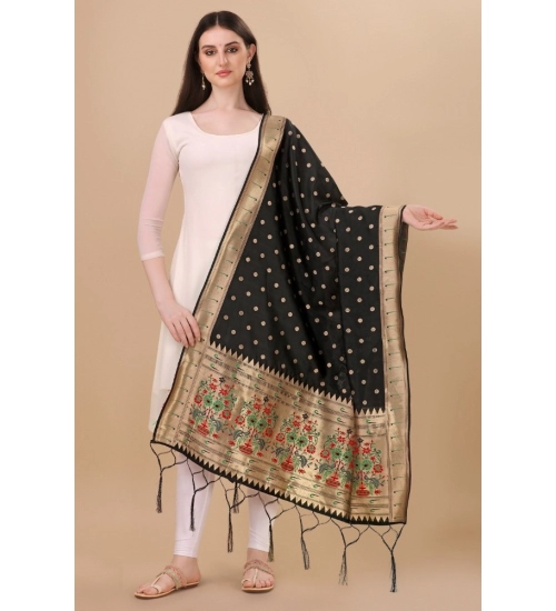 Women's Silk Pure Zari weaving Duppatta (Black, Length: 2-2.3 Mtrs)