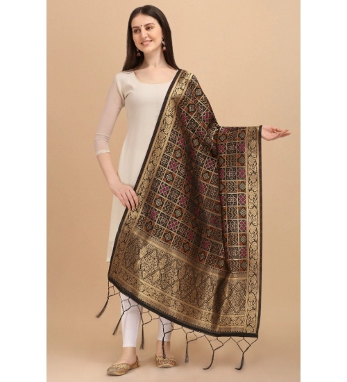 Women's Silk Pure weaving Work Duppatta (Black, Length: 2-2.3 Mtrs)