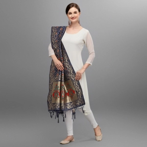 Generic Women's Silk Pure Zari weaving Duppatta (Navy Blue, Length: 2-2.3 Mtrs)