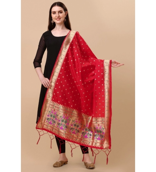 Women's Silk Pure Zari weaving Duppatta (Red, Length: 2-2.3 Mtrs)