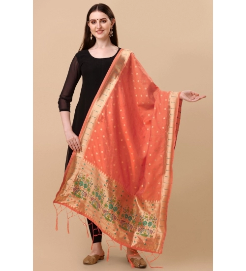 Women's Silk Pure Zari weaving Duppatta (Orange, Length: 2-2.3 Mtrs)