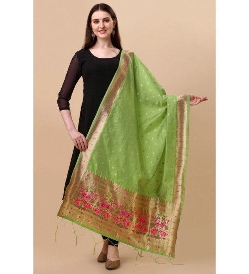 Women's Silk Pure Zari weaving Duppatta (Light Green, Length: 2-2.3 Mtrs)