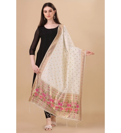 Women's Silk Pure Zari weaving Duppatta (White, Length: 2-2.3 Mtrs)