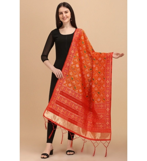 Women's Silk Pure Zari weaving Duppatta (Orange, Length: 2-2.3 Mtrs)