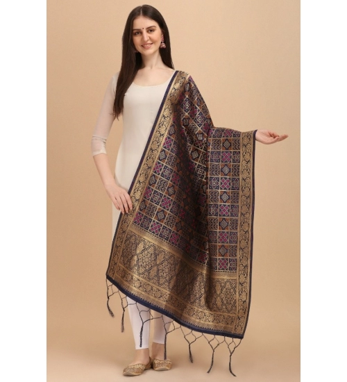 Women's Silk Pure weaving Work Duppatta (Navy Blue, Length: 2-2.3 Mtrs)