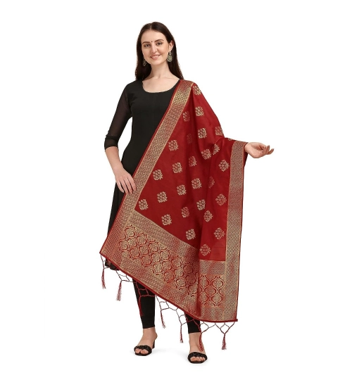 Women's Silk Pure Zari weaving Duppatta (Maroon, Length: 2-2.3 Mtrs)