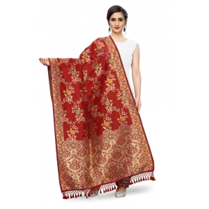 Generic Women's Silk Pure Zari weaving Duppatta (Maroon, Length: 2-2.3 Mtrs)