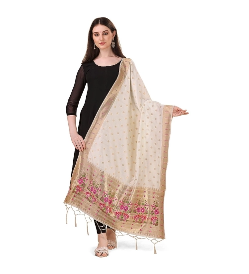 Women's Silk Pure Zari weaving Duppatta (White, Length: 2-2.3 Mtrs)