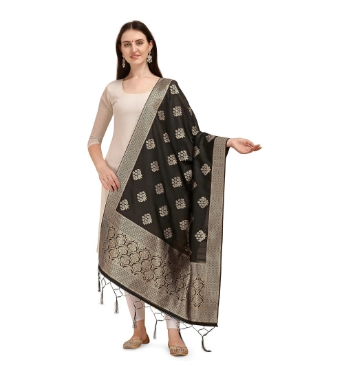 Women's Silk Pure Zari weaving Duppatta (Black, Length: 2-2.3 Mtrs)