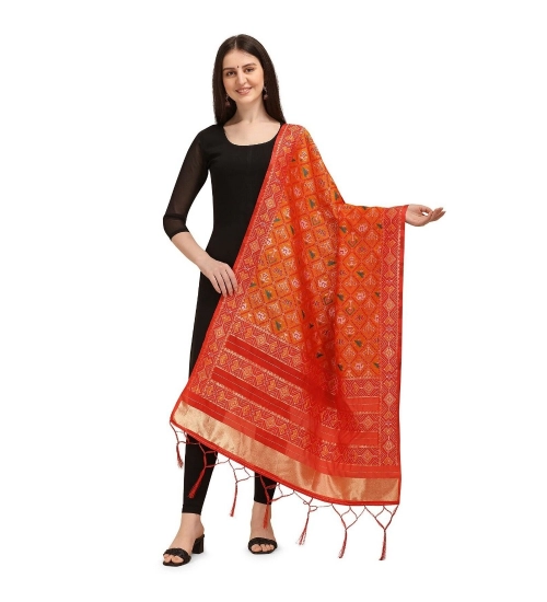 Women's Silk Pure Zari weaving Duppatta (Orange, Length: 2-2.3 Mtrs)