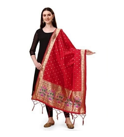 Women's Silk Pure Zari weaving Duppatta (Red, Length: 2-2.3 Mtrs)