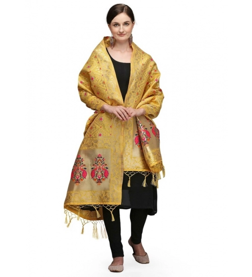 Women's Silk Pure Zari weaving Duppatta (Mustard Yellow, Length: 2-2.3 Mtrs)