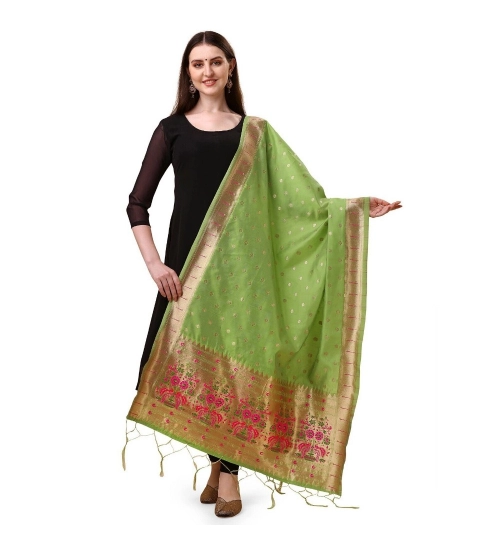 Women's Silk Pure Zari weaving Duppatta (Light Green, Length: 2-2.3 Mtrs)