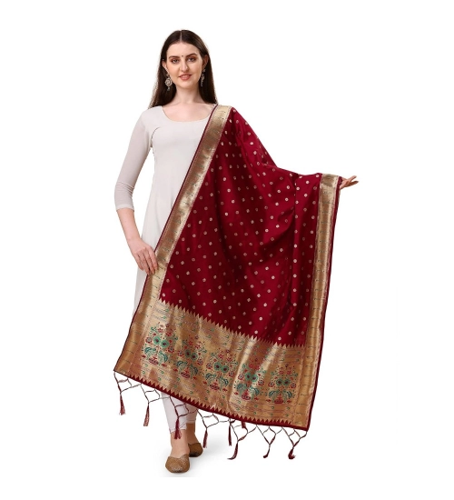 Women's Silk Pure Zari weaving Duppatta (Maroon, Length: 2-2.3 Mtrs)
