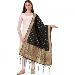 Generic Women's Silk Pure Zari weaving Duppatta (Black, Length: 2-2.3 Mtrs)