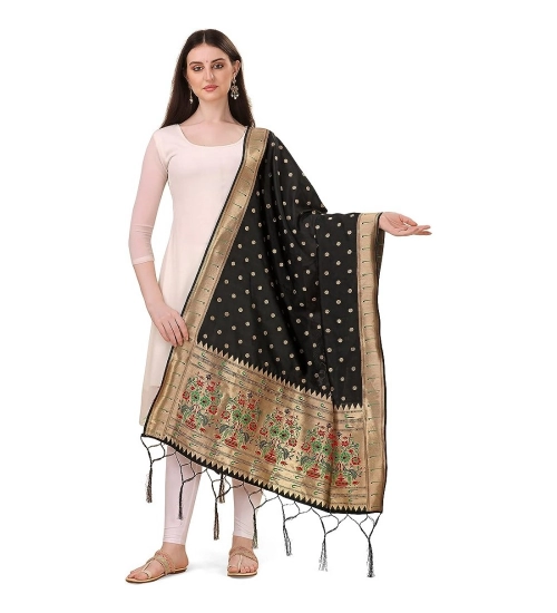 Women's Silk Pure Zari weaving Duppatta (Black, Length: 2-2.3 Mtrs)