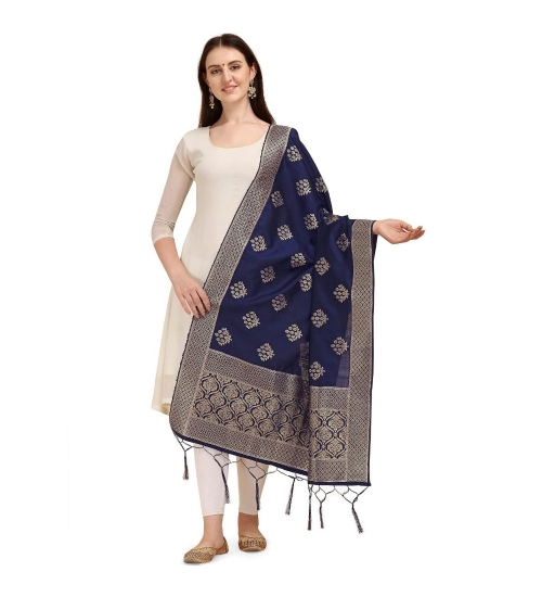 Women's Silk Pure Zari weaving Duppatta (Navy Blue, Length: 2-2.3 Mtrs)