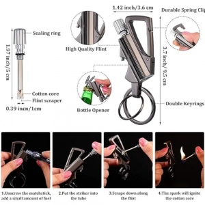 Generic 3 In 1 Keychain Lighter Waterproof Cigarette Flint Lighter Keyring Bottle Opener Fire Starter Match Sticks (Silver)