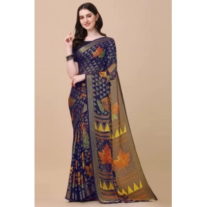Generic Women's Viscose Rayon Printed Saree With Unstitched Blouse (Navy Blue)