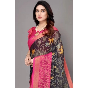 Generic Women's Viscose Rayon Printed Saree With Unstitched Blouse (Navy Blue)