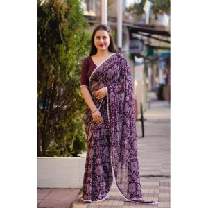 Generic Women's Georgette Printed Saree With Unstitched Blouse (Purple)