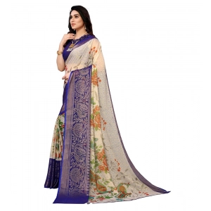 Generic Women's Viscose Rayon Printed Saree With Unstitched Blouse (Blue)