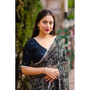 Generic Women's Georgette Printed Saree With Unstitched Blouse (Black)