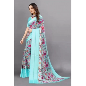 Generic Women's Satin Patta Printed Saree With Unstitched Blouse (Skyblue)