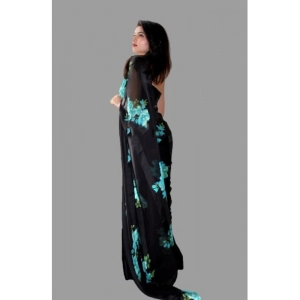 Generic Women's Satin Patta Printed Saree With Unstitched Blouse (Blue)