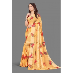 Generic Women's Satin Patta Printed Saree With Unstitched Blouse (Beige)