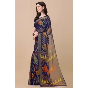 Generic Women's Viscose Rayon Printed Saree With Unstitched Blouse (Navy Blue)