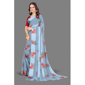 Generic Women's Satin Patta Printed Saree With Unstitched Blouse (Grey)