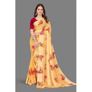 Generic Women's Satin Patta Printed Saree With Unstitched Blouse (Beige)