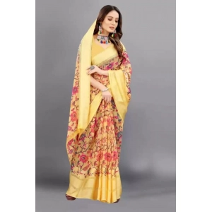 Generic Women's Satin Patta Printed Saree With Unstitched Blouse (Yellow)