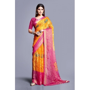 Generic Women's Viscose Rayon Printed Saree With Unstitched Blouse (Yellow)
