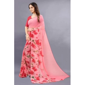 Generic Women's Georgette Printed Saree With Unstitched Blouse (Red)