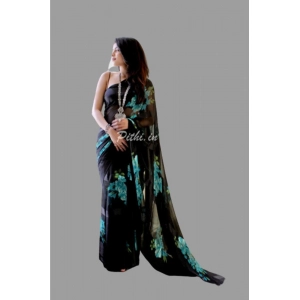 Generic Women's Satin Patta Printed Saree With Unstitched Blouse (Blue)