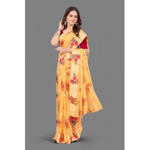 Generic Women's Satin Patta Printed Saree With Unstitched Blouse (Beige)