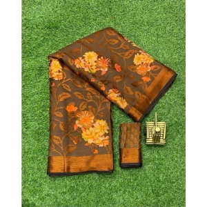 Generic Women's Viscose Rayon Printed Saree With Unstitched Blouse (Brown)
