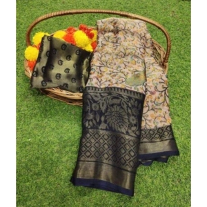 Generic Women's Viscose Rayon Printed Saree With Unstitched Blouse (Navyblue)