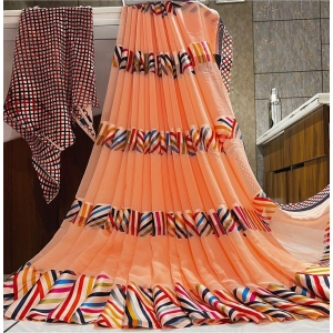 Generic Women's Satin Patta Printed Saree With Unstitched Blouse (Peach)