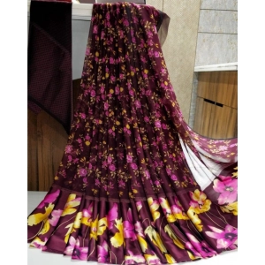 Generic Women's Satin Patta Printed Saree With Unstitched Blouse (Purple)