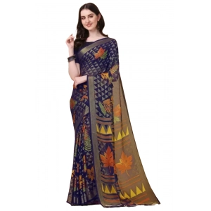 Generic Women's Viscose Rayon Printed Saree With Unstitched Blouse (Navy Blue)