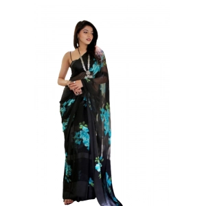 Generic Women's Satin Patta Printed Saree With Unstitched Blouse (Blue)