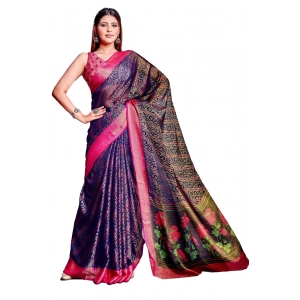 Generic Women's Viscose Rayon Printed Saree With Unstitched Blouse (Navy Blue)