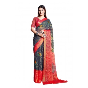 Generic Women's Viscose Rayon Printed Saree With Unstitched Blouse (Grey)